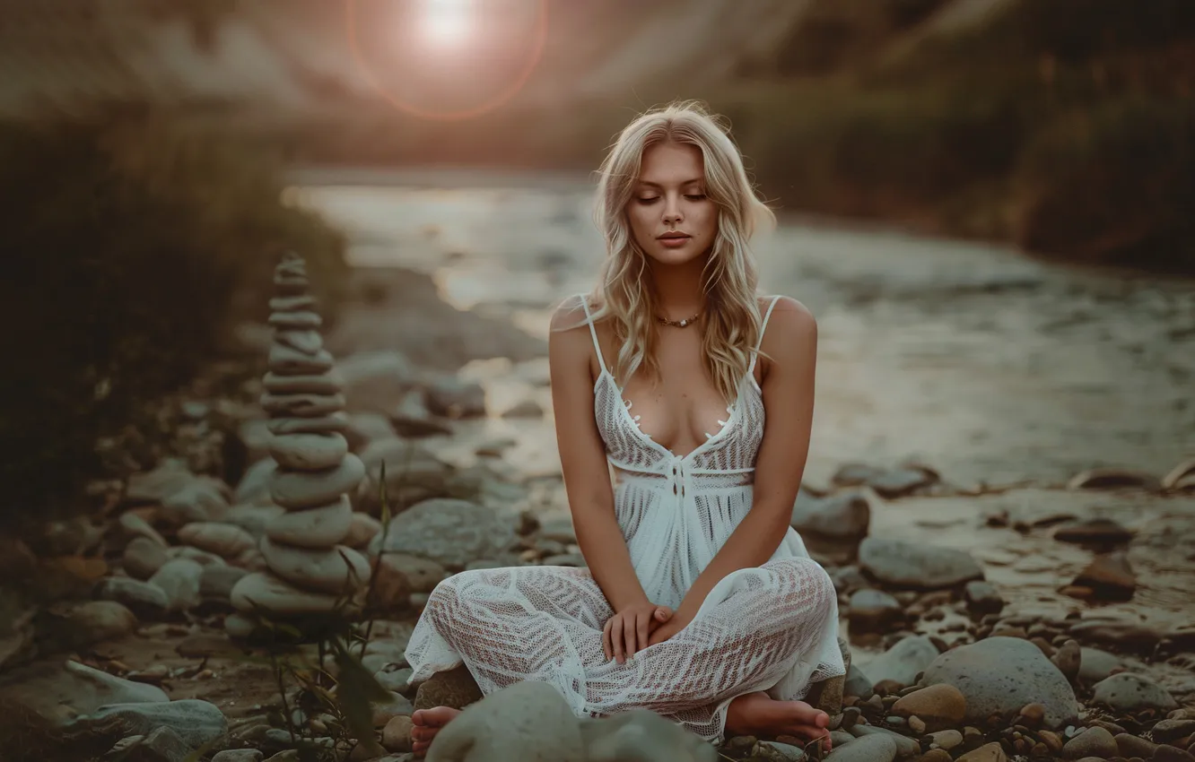 Photo wallpaper chest, girl, light, nature, pebbles, river, stones, shore