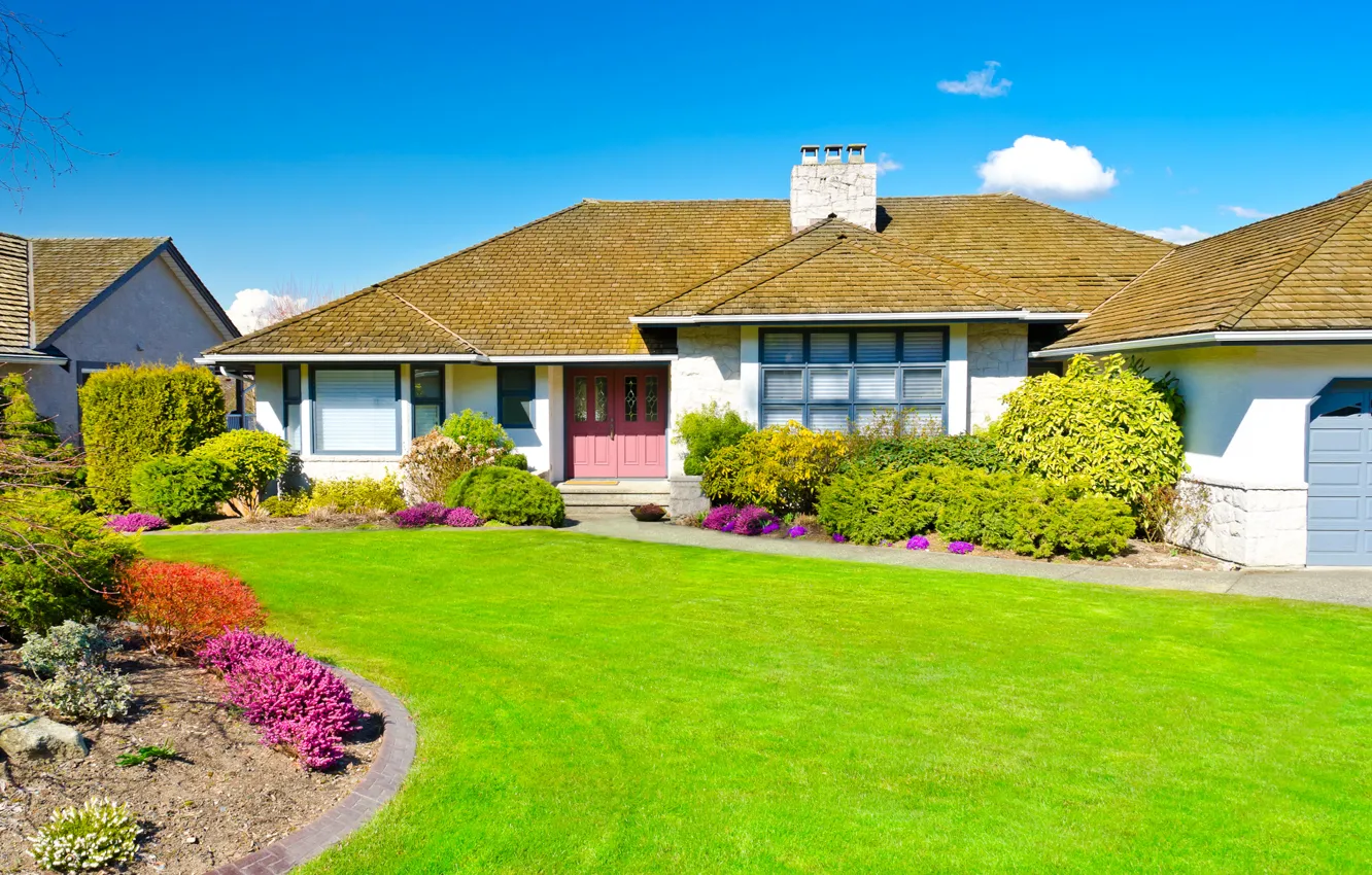 Photo wallpaper greens, the sky, grass, house, lawn, Sunny, mansion, the bushes