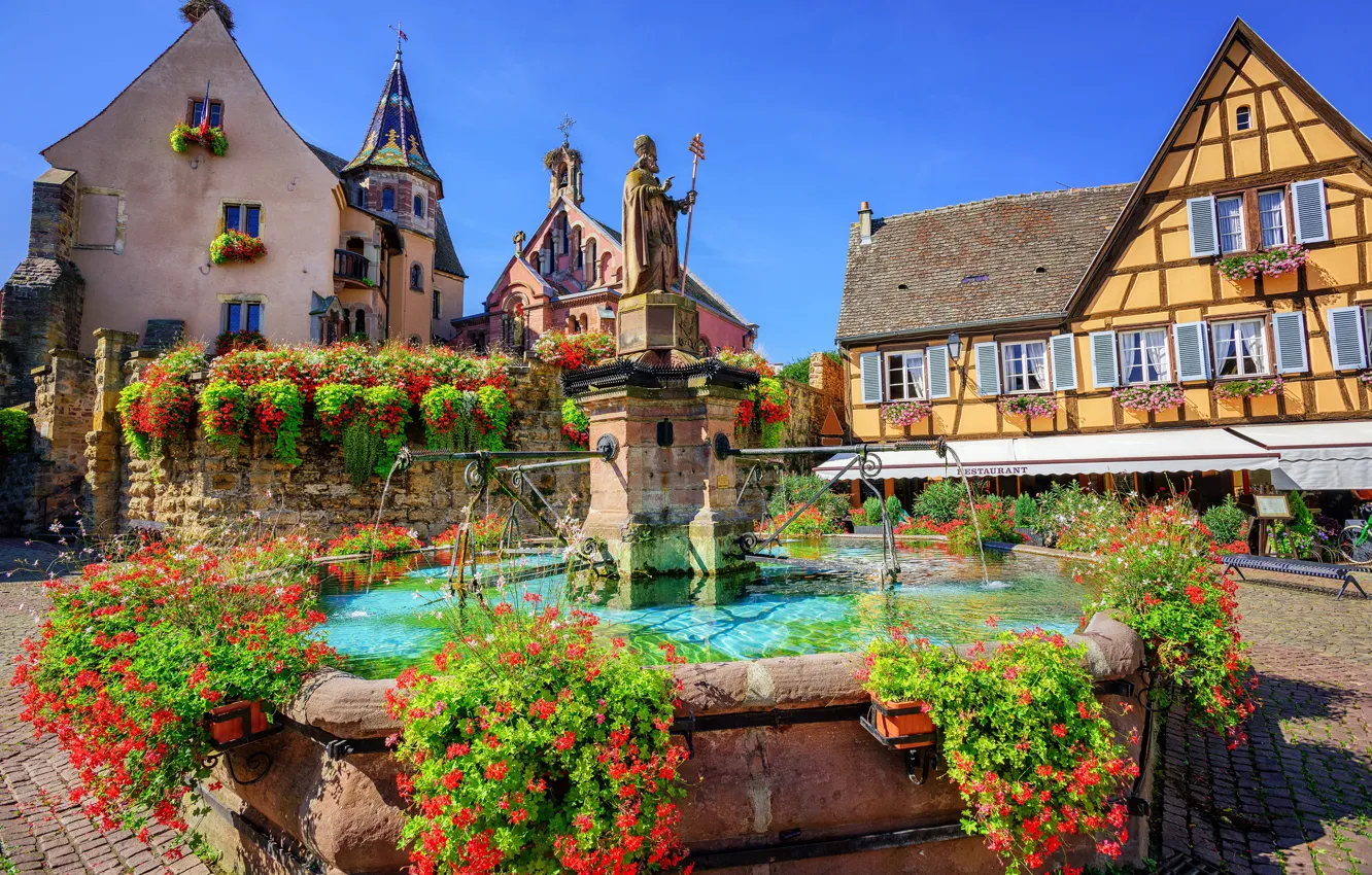 Photo wallpaper summer, the sky, the sun, flowers, France, home, area, fountain