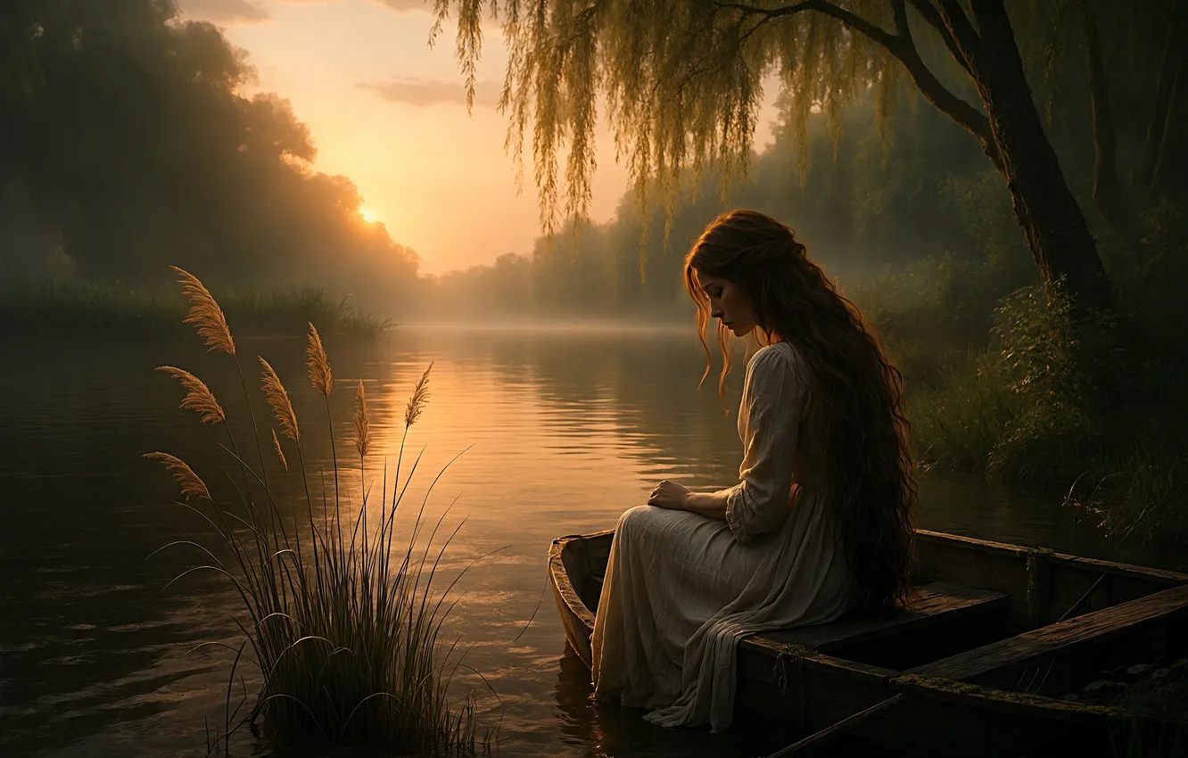 Photo wallpaper forest, girl, the sun, branches, nature, pose, fog, lake