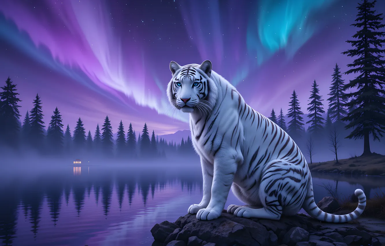 Photo wallpaper winter, forest, the sky, look, night, tiger, Northern lights, fantasy