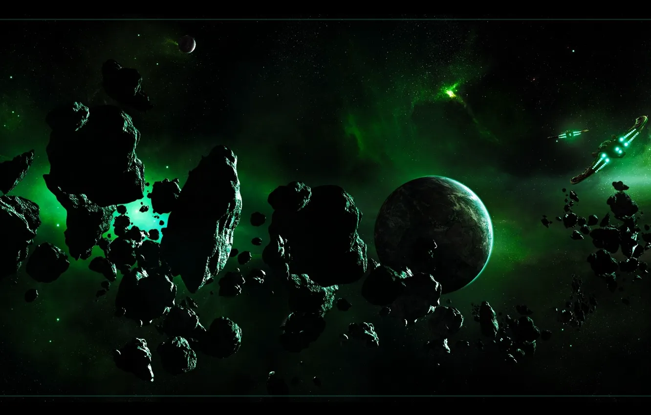Photo wallpaper flight, ship, planet, belt, the asteroids