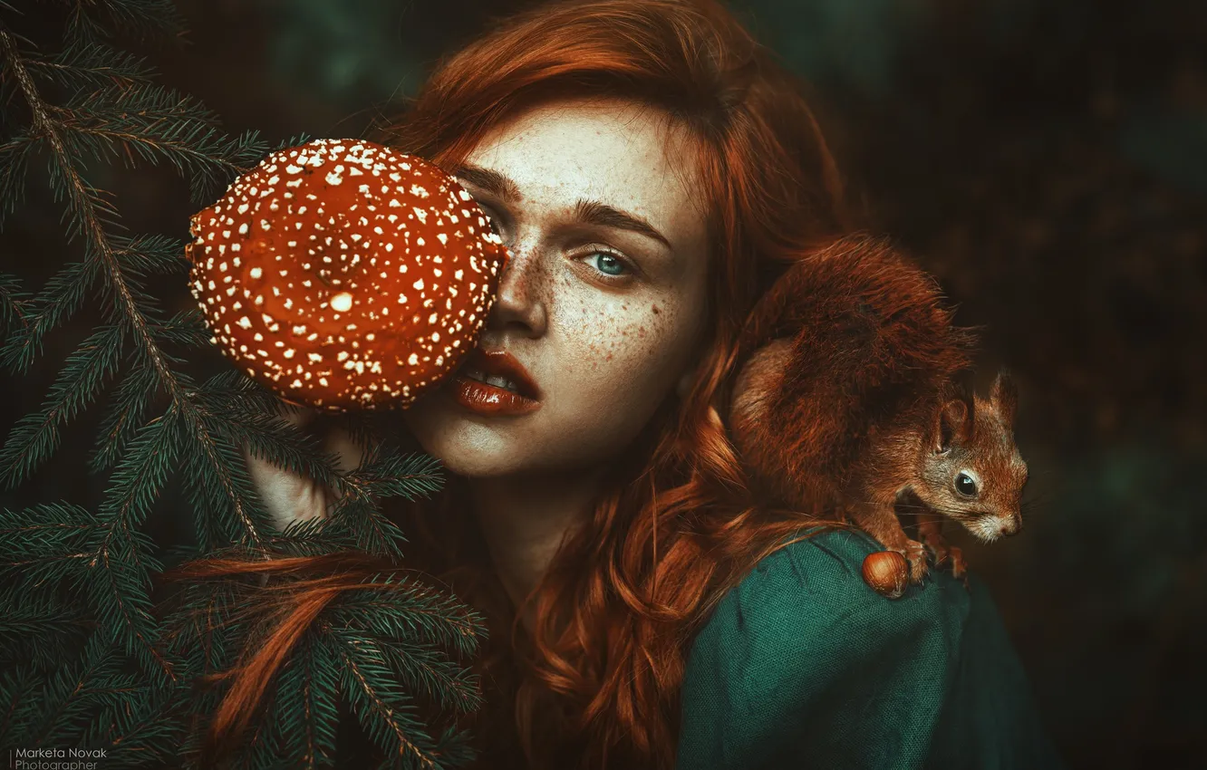 Photo wallpaper look, girl, face, mushroom, mushroom, protein, freckles, red