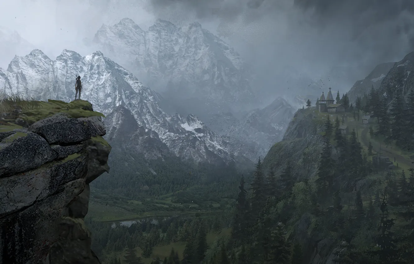 Photo wallpaper Mountains, Snow, Forest, Lara Croft, Art, Lara Croft, Rise of the: Tomb Raider