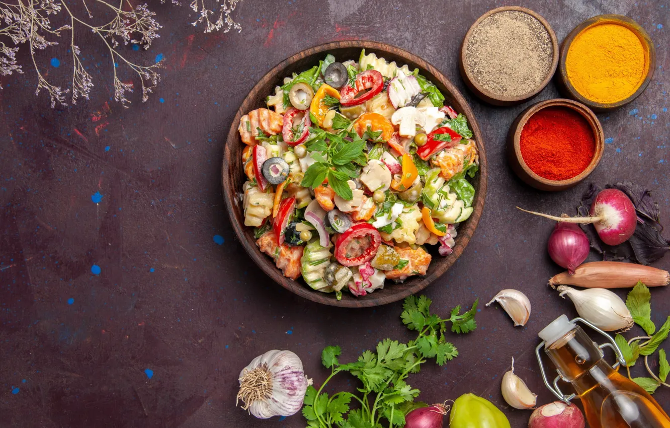 Photo wallpaper mushrooms, pepper, vegetables, tomatoes, salad, spices