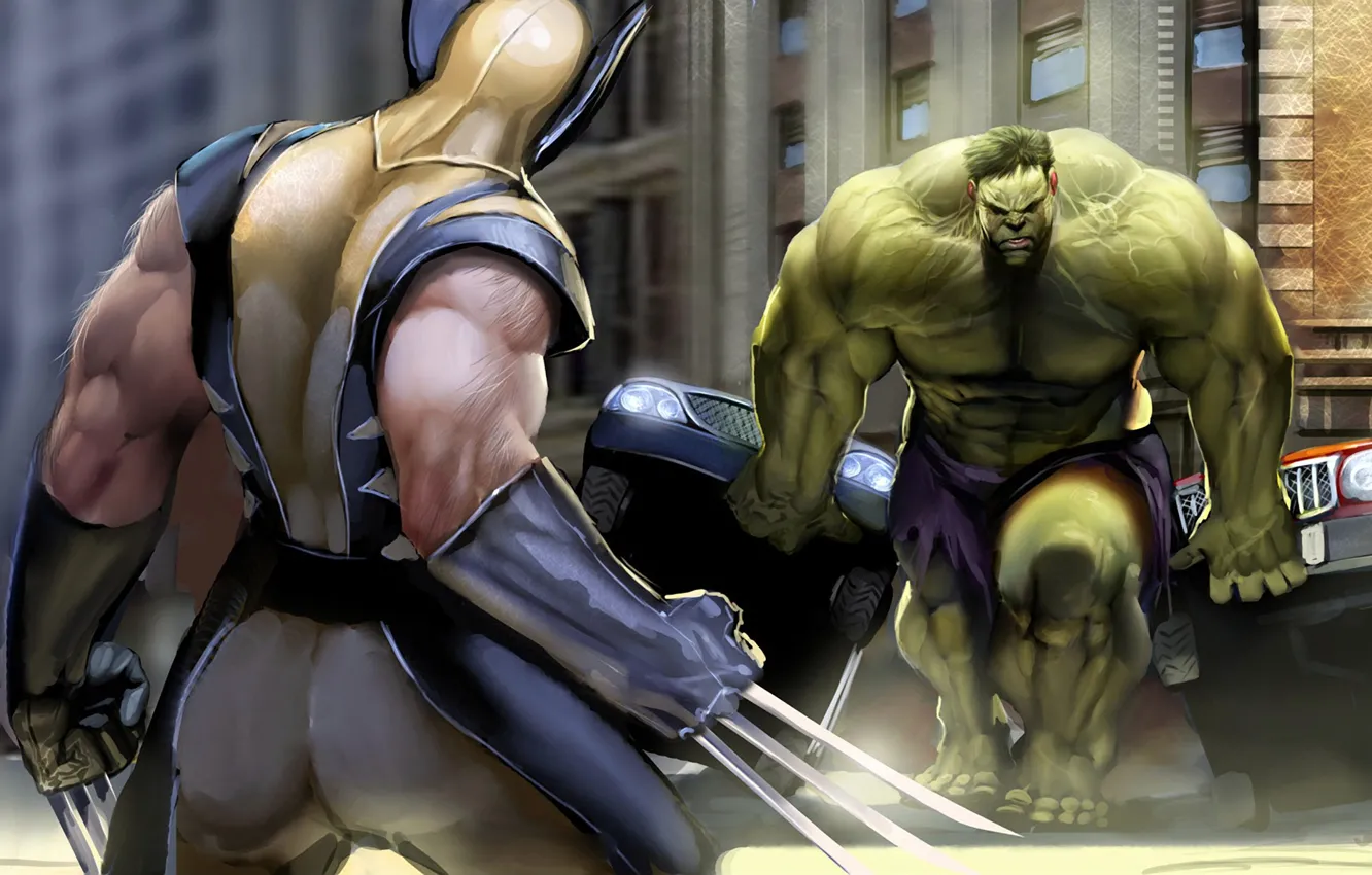 Photo wallpaper power, the opposition, claws, battle, Superheroes, Hulk, Wolverine, Hulk