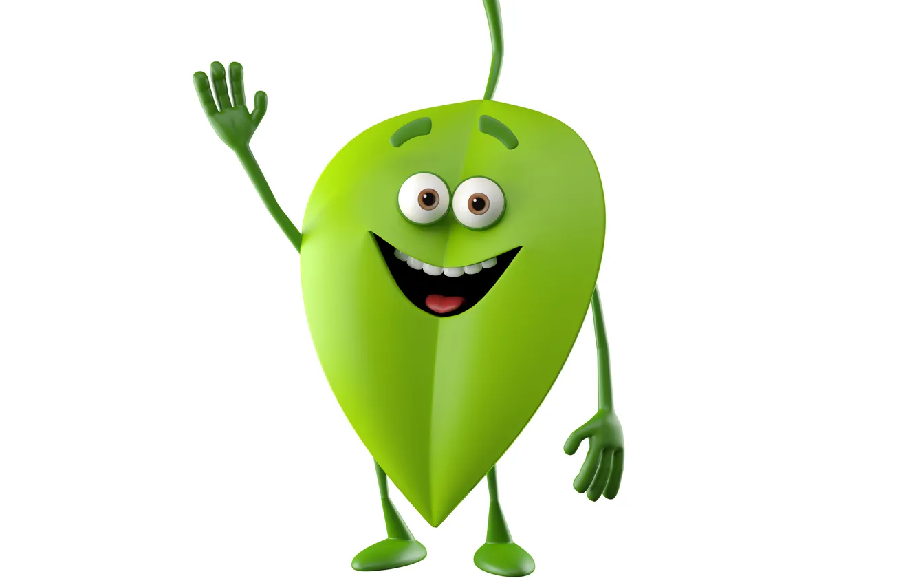 Photo wallpaper joy, bright smiling monster on a white background, monster green leaf