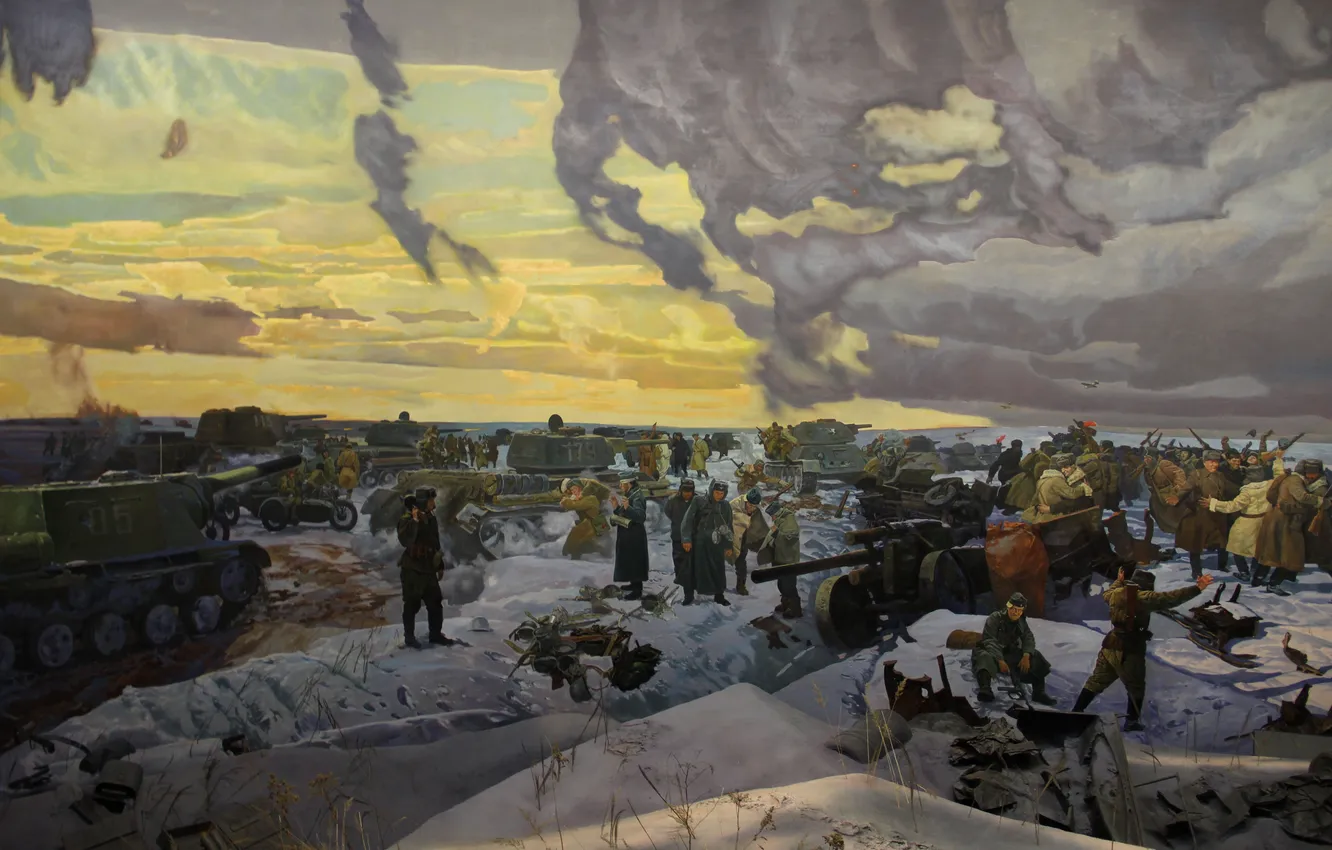 Photo wallpaper Winter, Snow, War, Picture, Moscow, Soldiers, Fragment, Gun