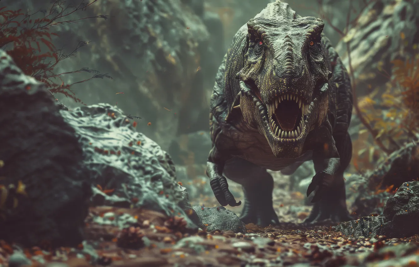 Photo wallpaper Look, Stones, Teeth, Face, Predator, Dinosaur, Animal, Front