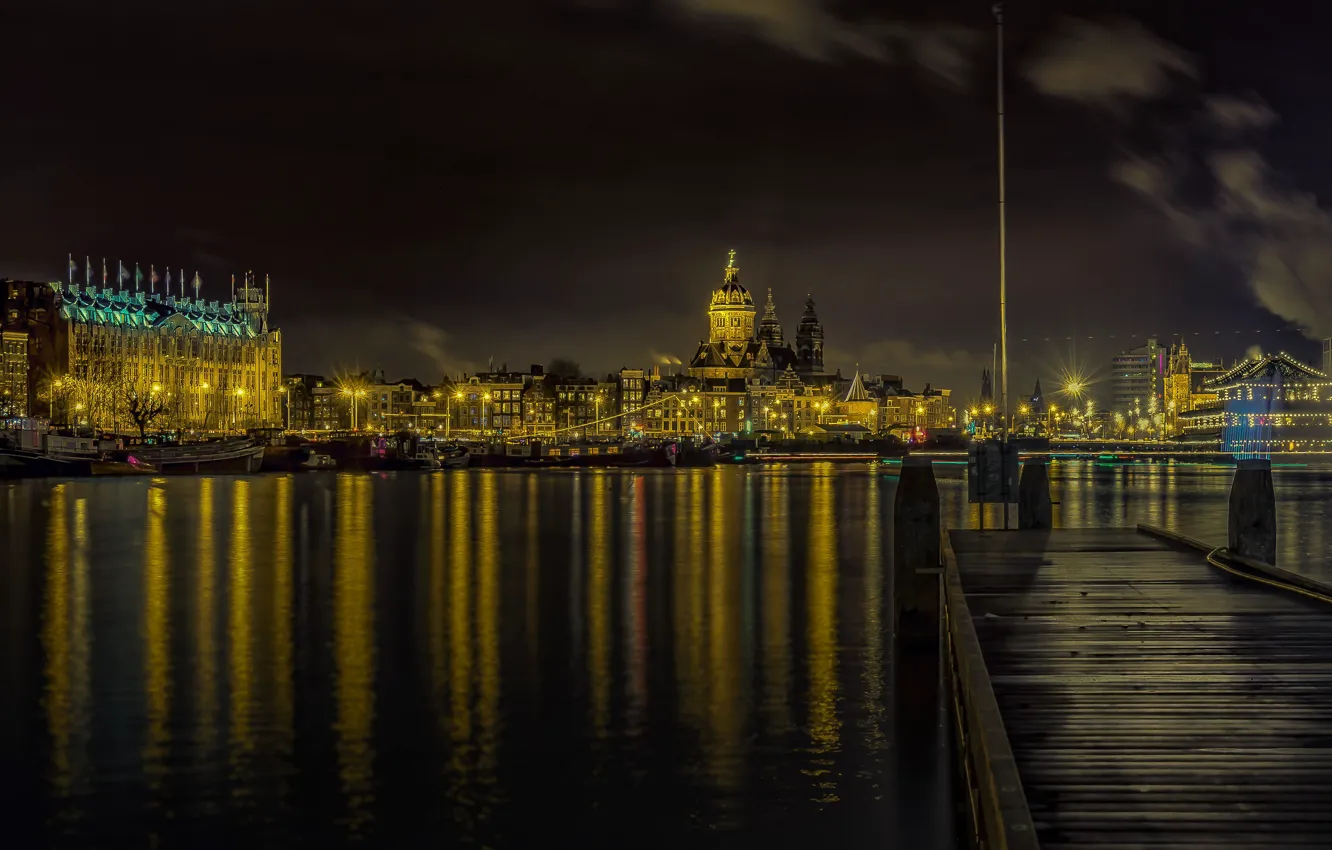 Photo wallpaper night, lights, Amsterdam, Netherlands