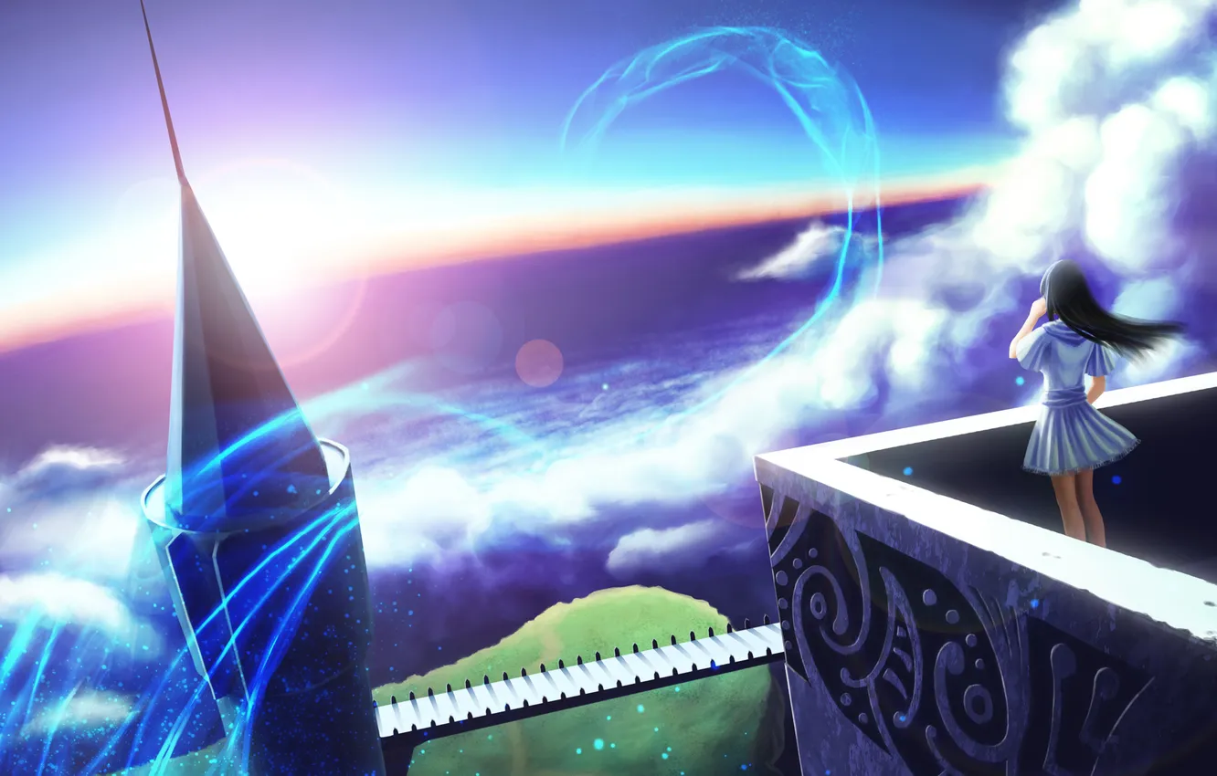 Photo wallpaper sea, the sky, water, girl, the sun, clouds, sunset, bridge