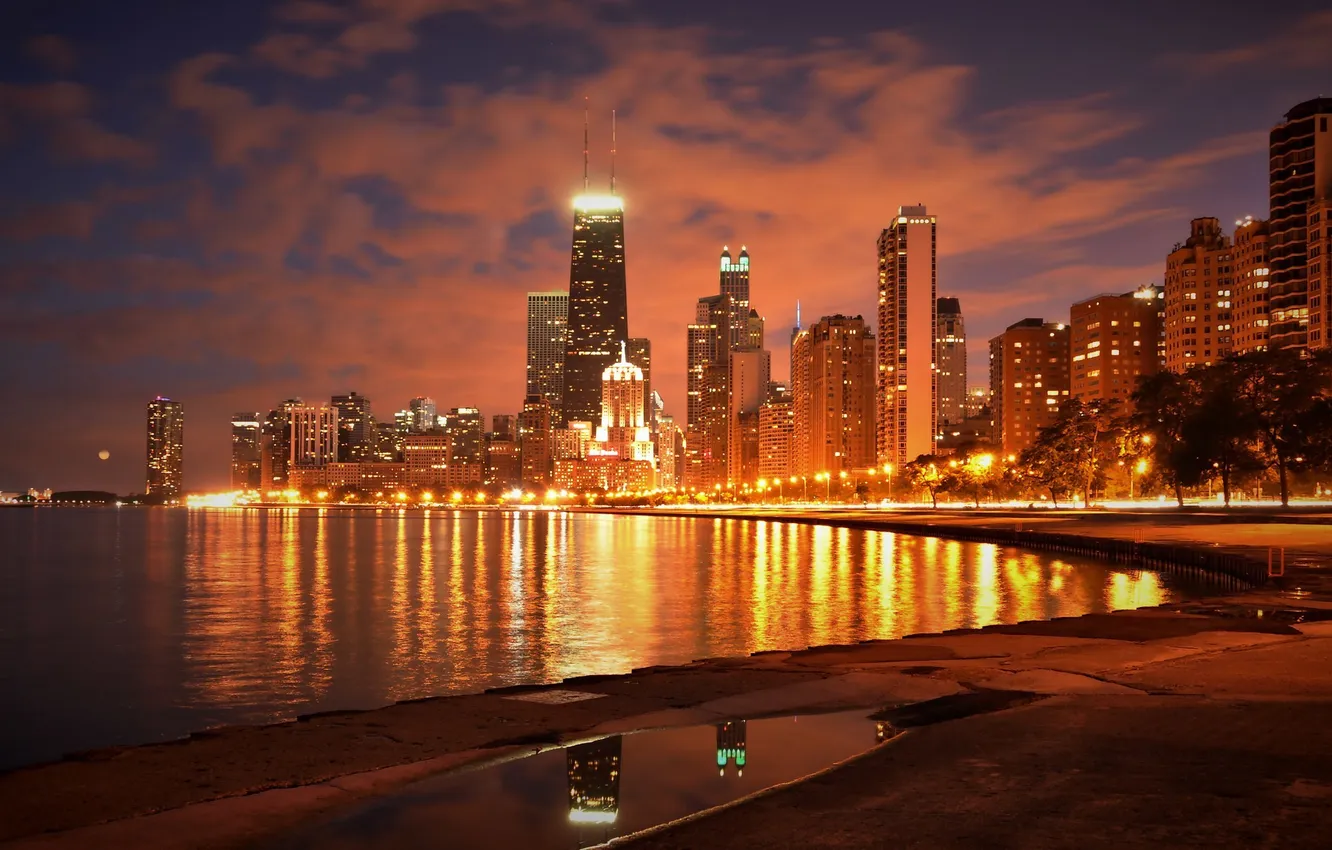 Photo wallpaper night, the city, lights, river, skyscrapers, Chicago, Illinois