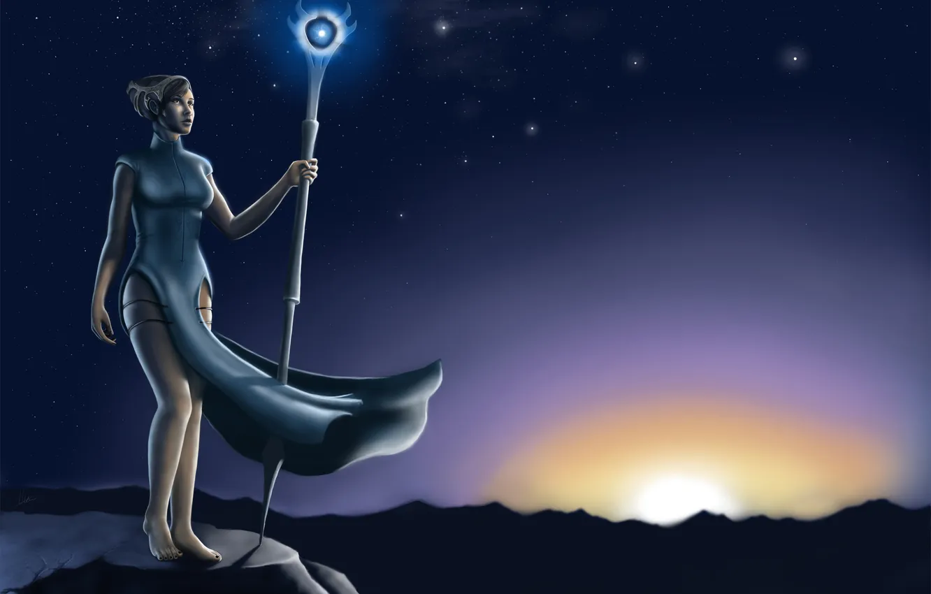 Photo wallpaper the sky, look, girl, stars, face, fiction, rocks, hands