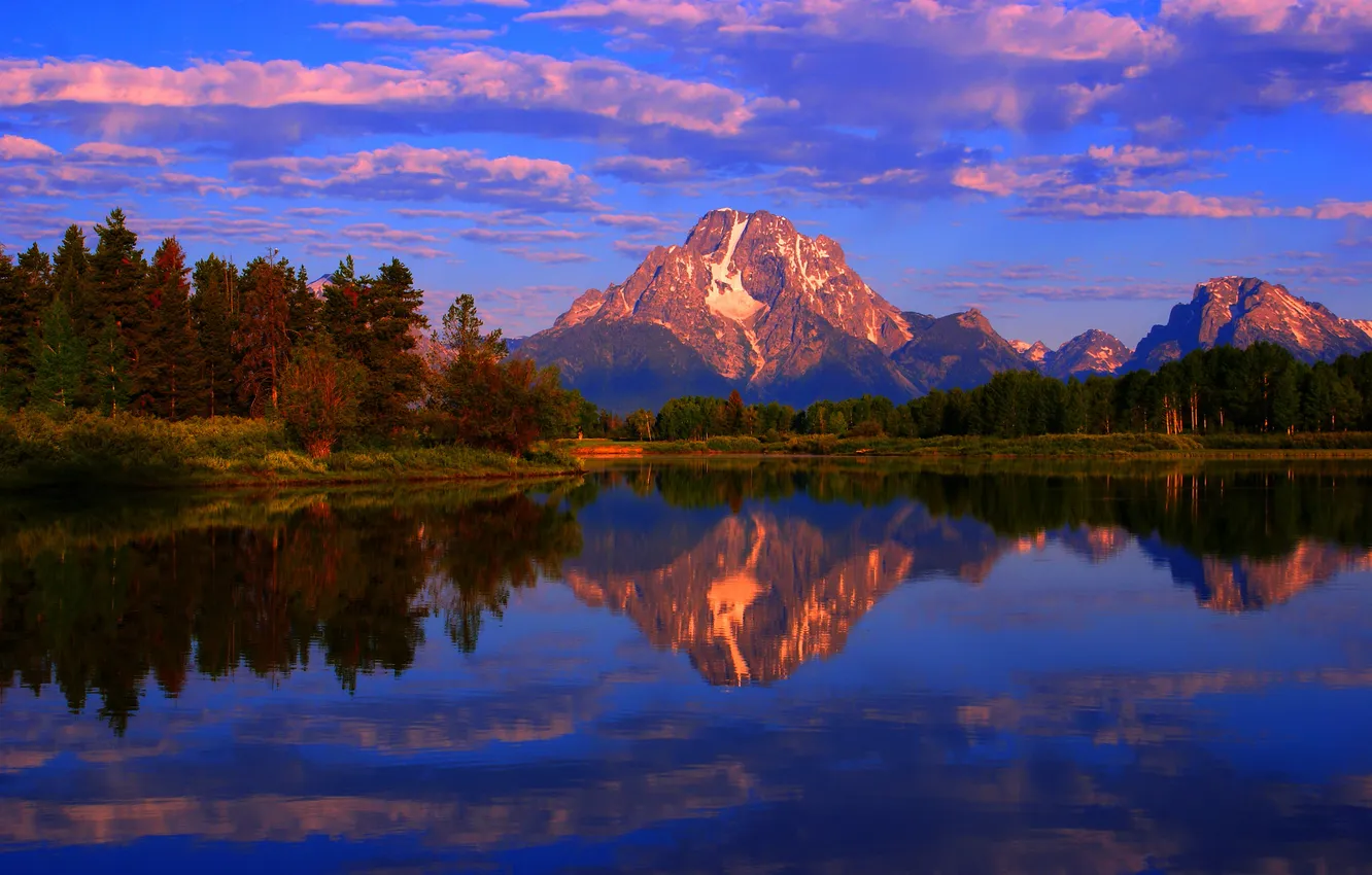 Photo wallpaper autumn, the sky, clouds, trees, sunset, mountains, lake, reflection