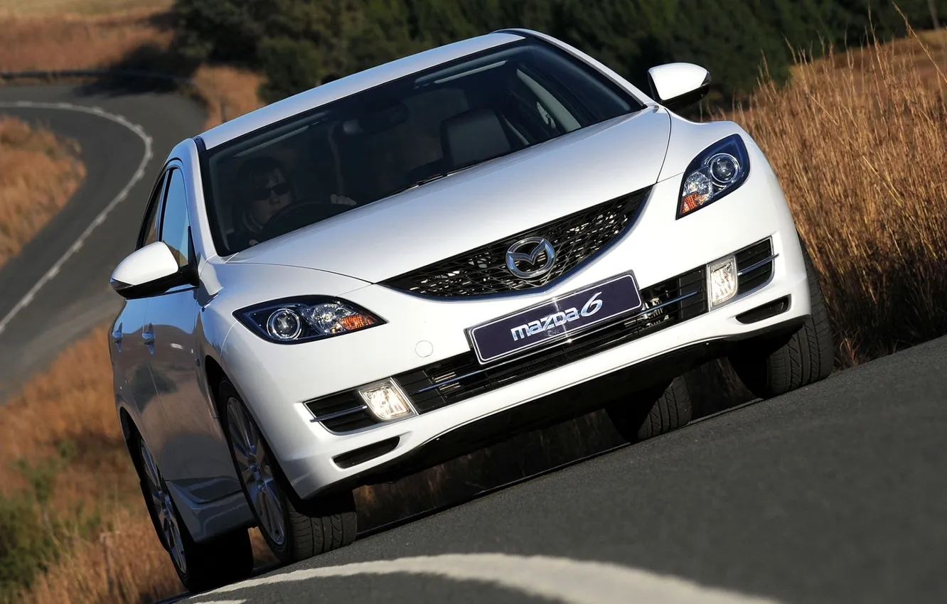 Photo wallpaper road, white, grass, Mazda, sedan, the front, Mazda, Sedan