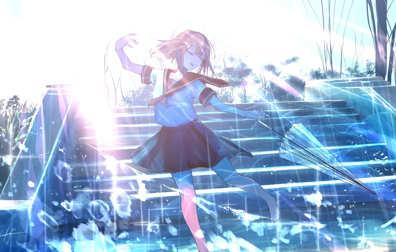 Photo wallpaper girl, umbrella, after the rain, schoolgirl, the sun's rays, dancing, by Goroku