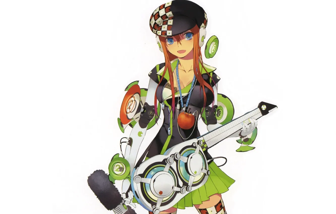 Photo wallpaper guitar, headphones, white background, microphone, red, cyborg, blue eyes, cap