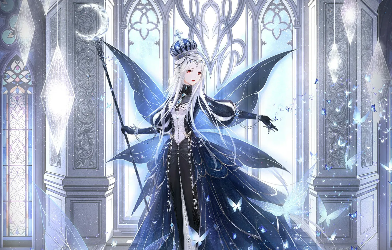 Photo wallpaper girl, butterfly, wings, crown, staff