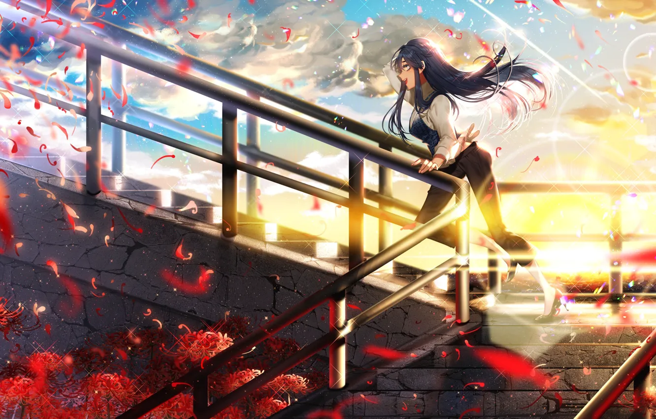 Photo wallpaper girl, sunset, glare, Shine, ladder
