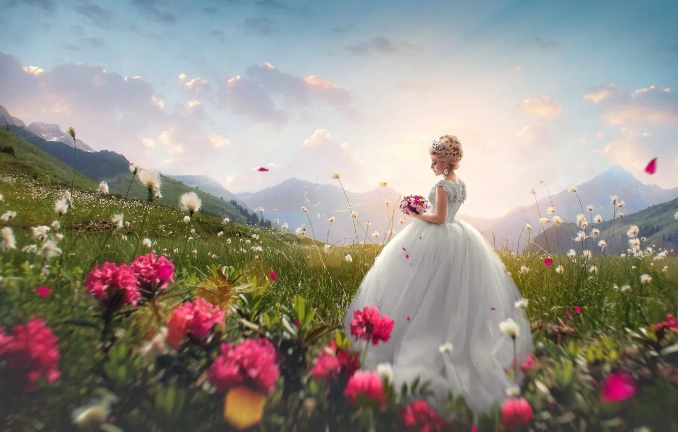 Photo wallpaper girl, flowers, mountains, pose, photo, bouquet, dress, the bride