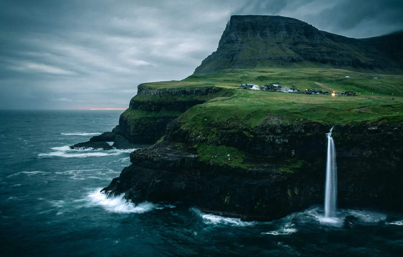 Photo wallpaper sea, mountains, rocks, waterfall, house, The Faroe Islands