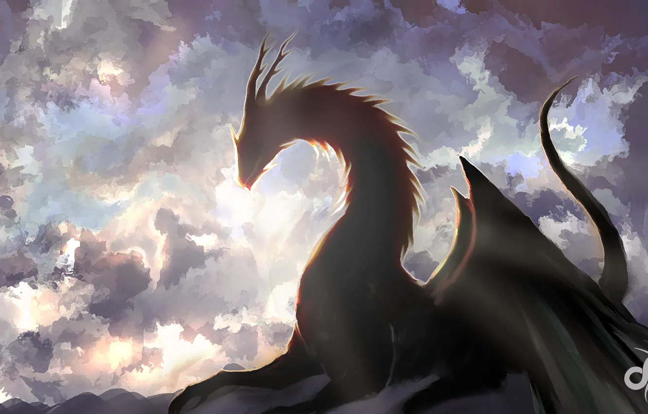 Photo wallpaper the sky, clouds, dragon, art, fantasy