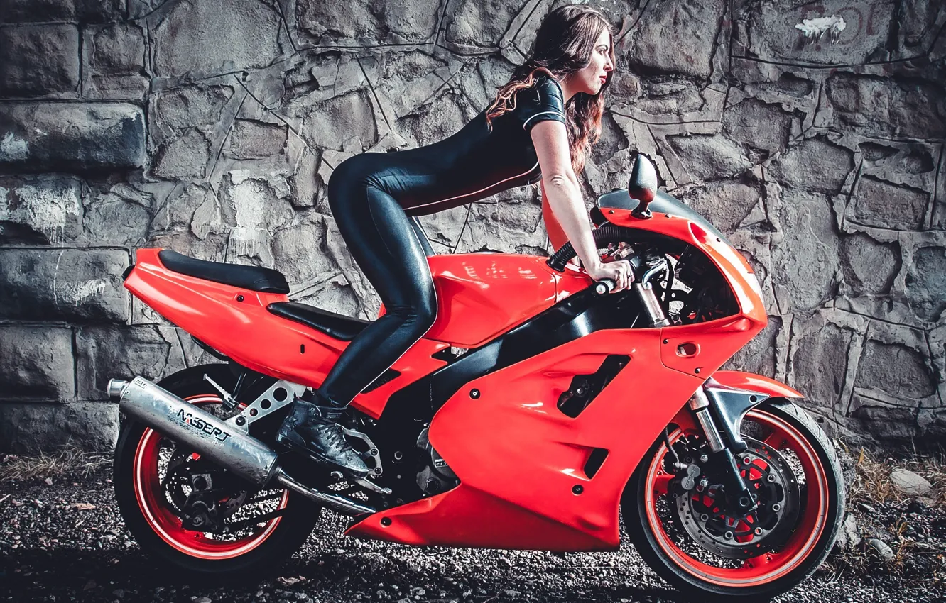 Photo wallpaper red, girl, model, hair, Wheels, Motocycle, tight clothing, Points