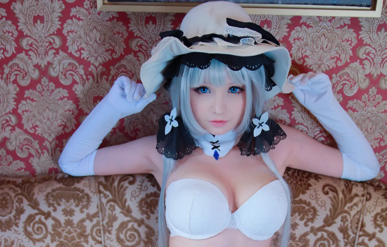 Photo wallpaper girl, sexy, lingerie, bra, cleavage, long hair, hat, boobs