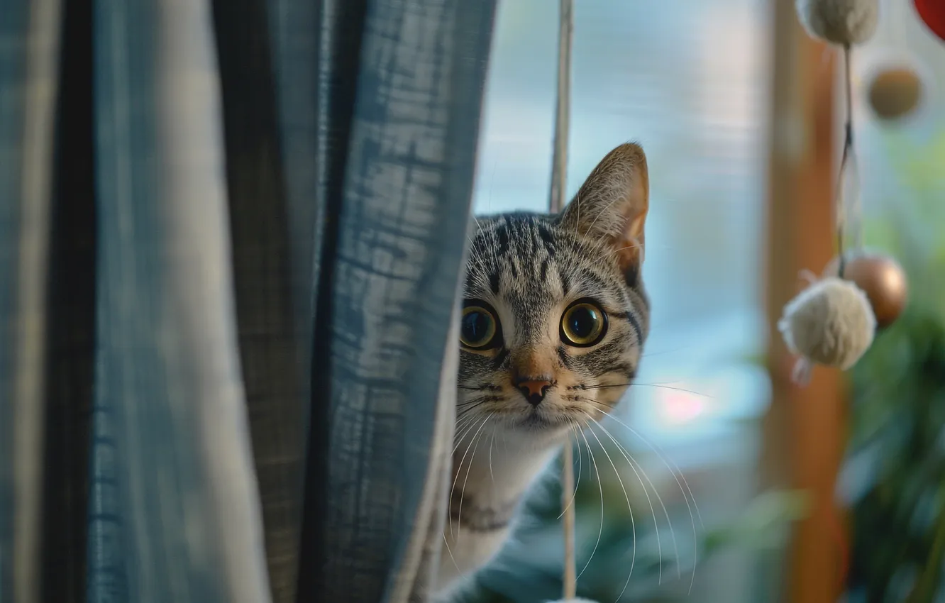 Photo wallpaper cat, cat, look, balls, pose, grey, toy, window