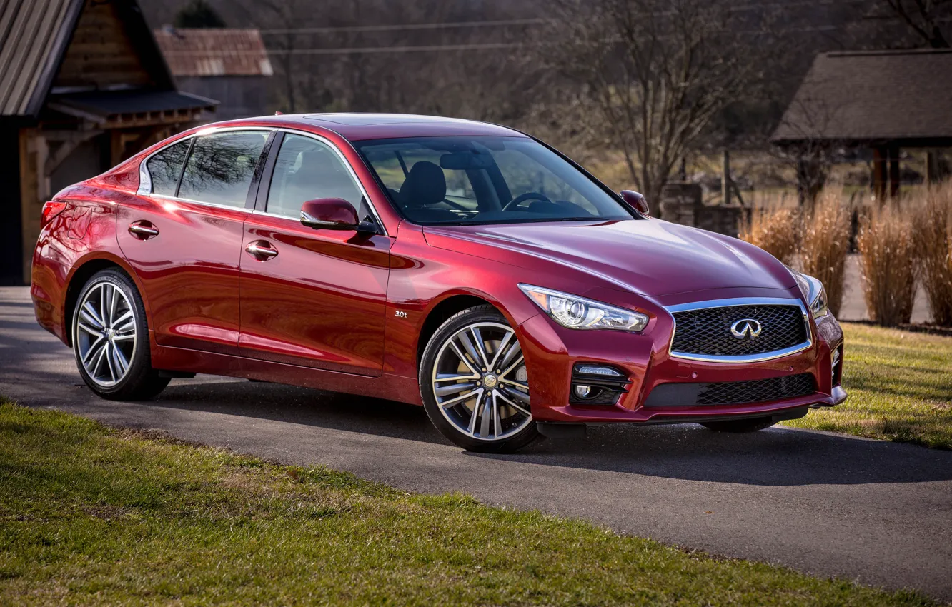 Photo wallpaper red, Infiniti, house, lawn, Q50