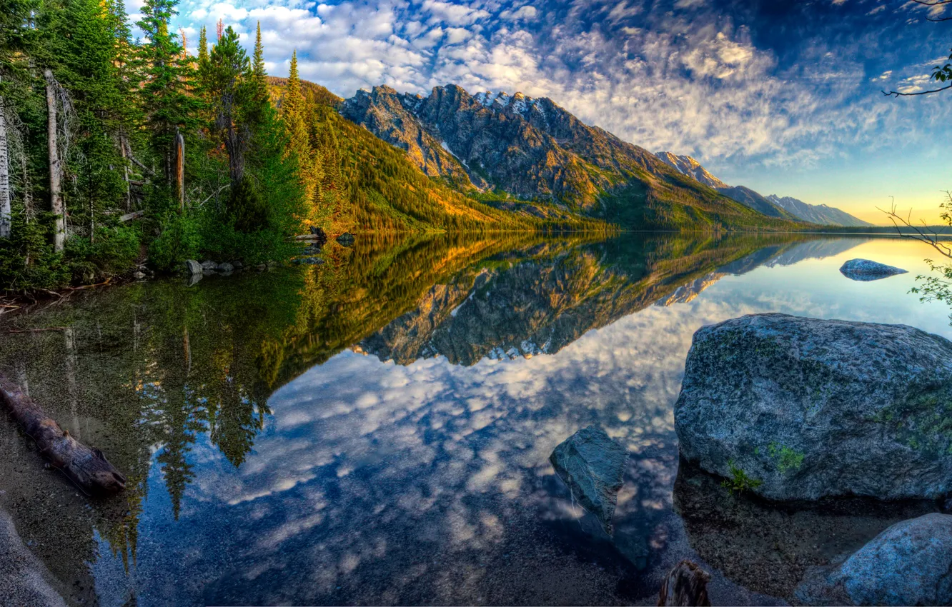 Photo wallpaper autumn, forest, the sky, mountains, lake, stone, hdr, Wyoming