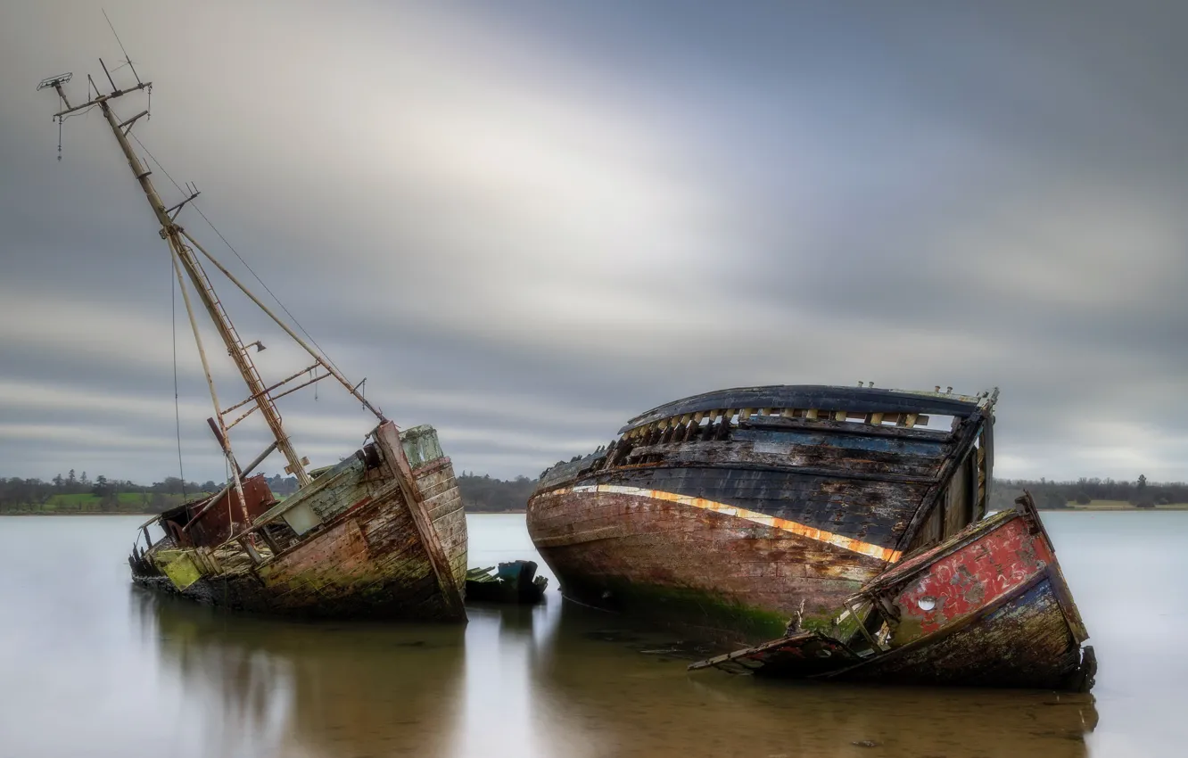 Photo wallpaper river, ship, stranded