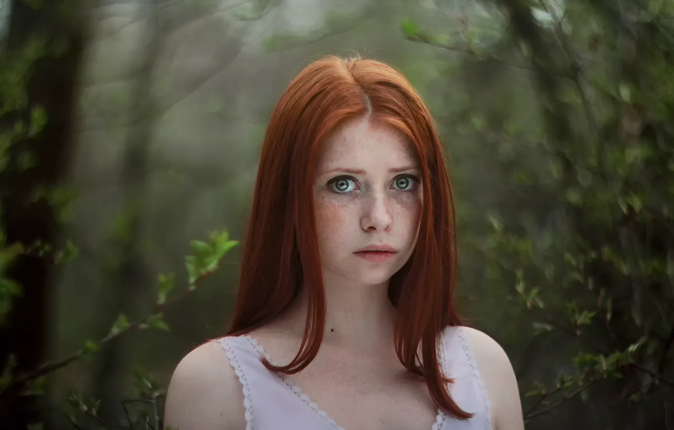 Photo wallpaper forest, look, redhead, freckle, Lora Kalinina