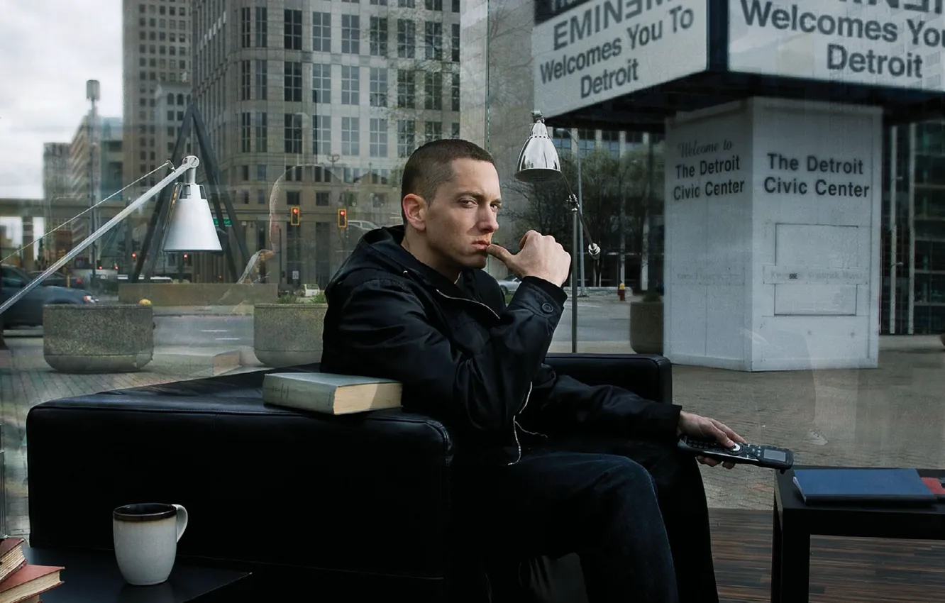 Photo wallpaper sofa, street, interior, remote, mug, lamp, book, street