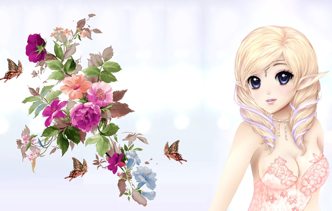 Photo wallpaper girl, butterfly, elf, bouquet, anime, art, elf, No Name
