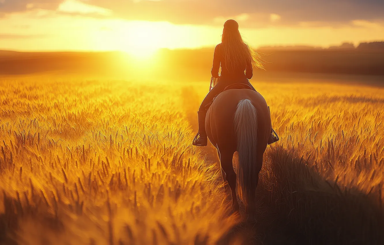 Photo wallpaper field, girl, the sun, nature, pose, horse, dawn, horse