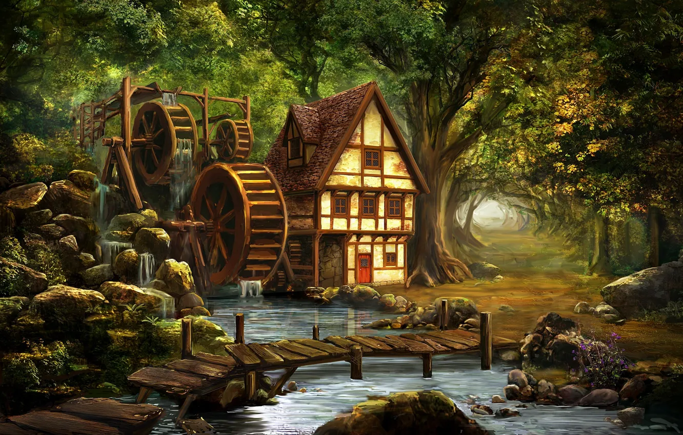 Photo wallpaper trees, nature, stones, rendering, river, the bridge, water mill, fairy forest
