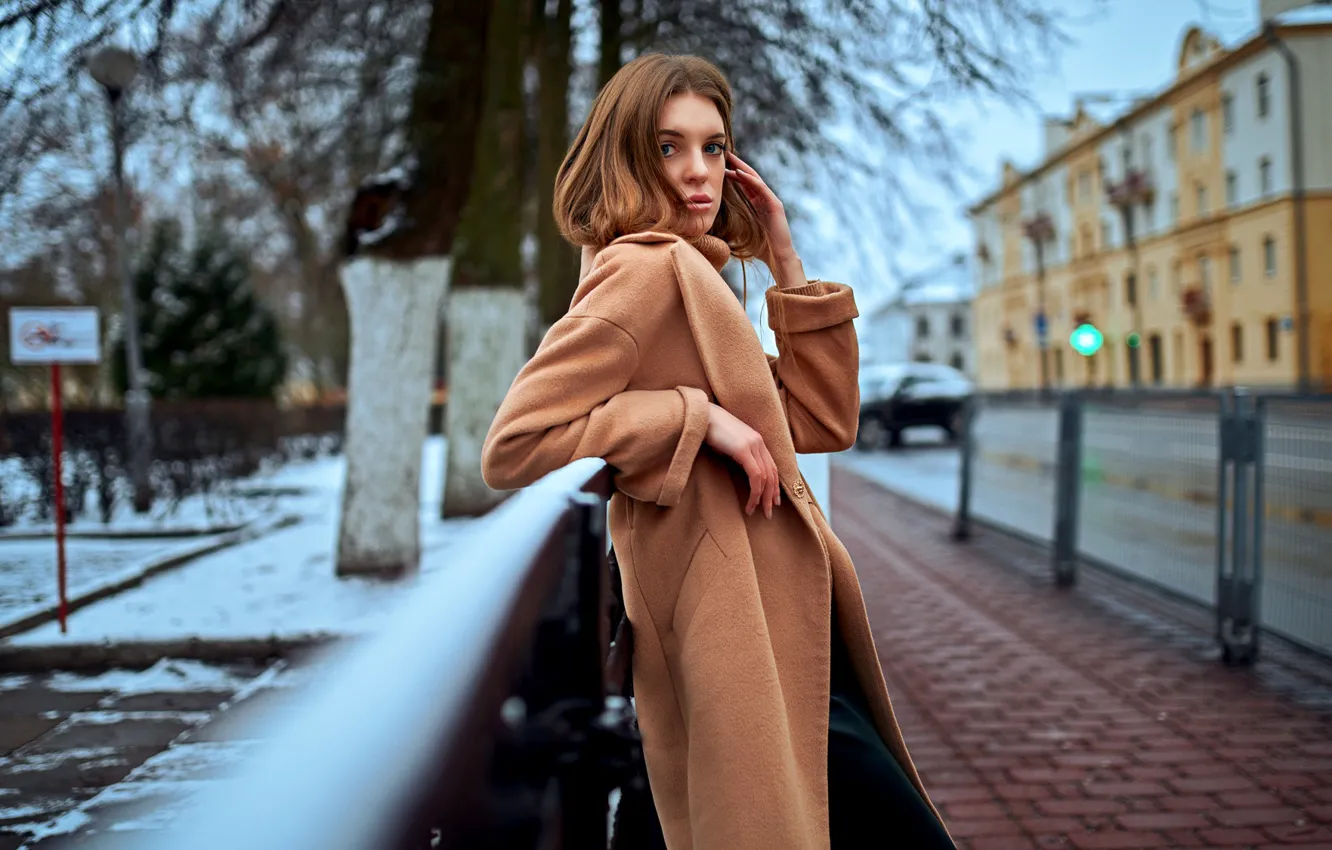Photo wallpaper winter, look, girl, street, brown hair, coat, Serge Zhodik, Zhodik Serge