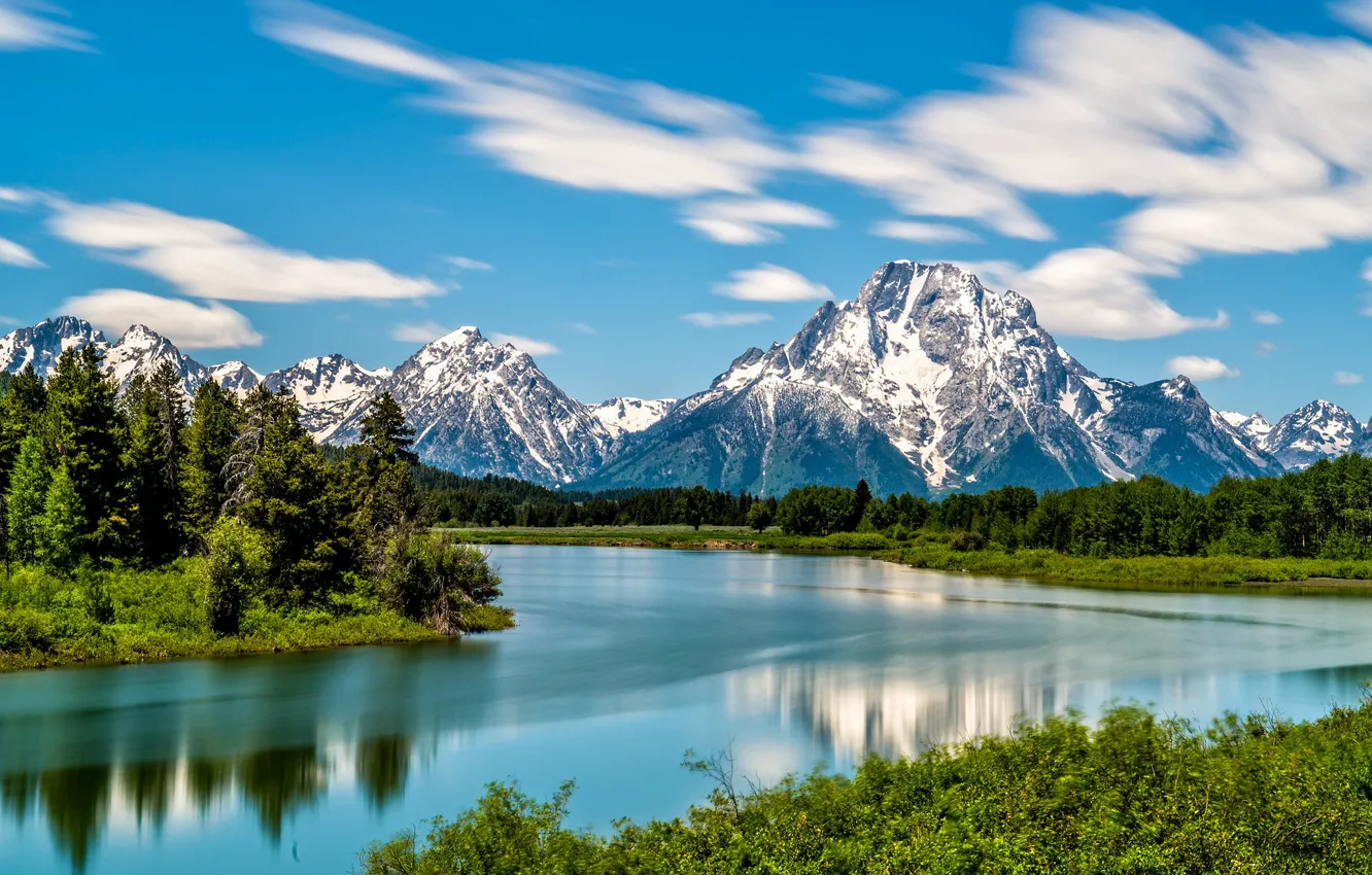 Photo wallpaper forest, mountains, river, Wyoming, Wyoming, Grand Teton National Park, Rocky mountains, Snake River