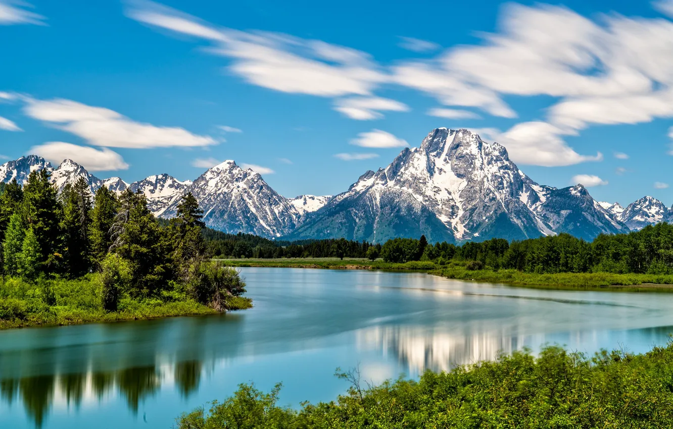 Photo wallpaper forest, mountains, river, Wyoming, Wyoming, Grand Teton National Park, Rocky mountains, The Snake River
