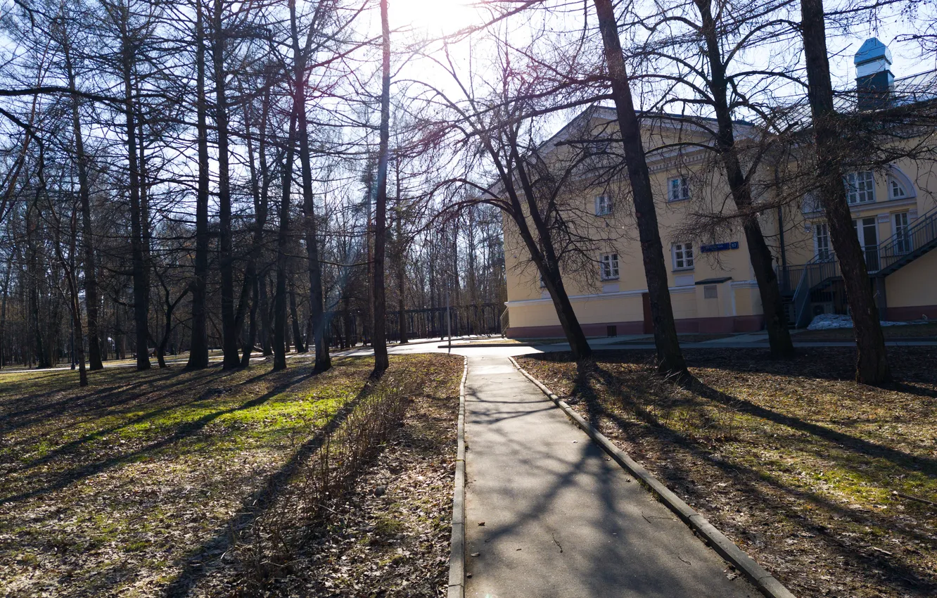 Photo wallpaper the sun, trees, building, home, spring, Russia, architecture, path