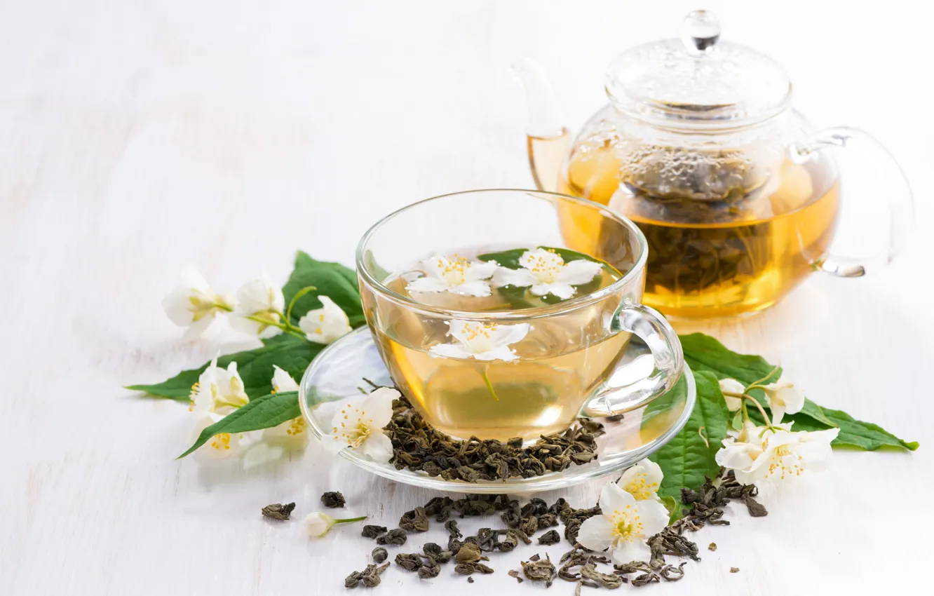 Photo wallpaper kettle, Cup, drink, Jasmine, green tea