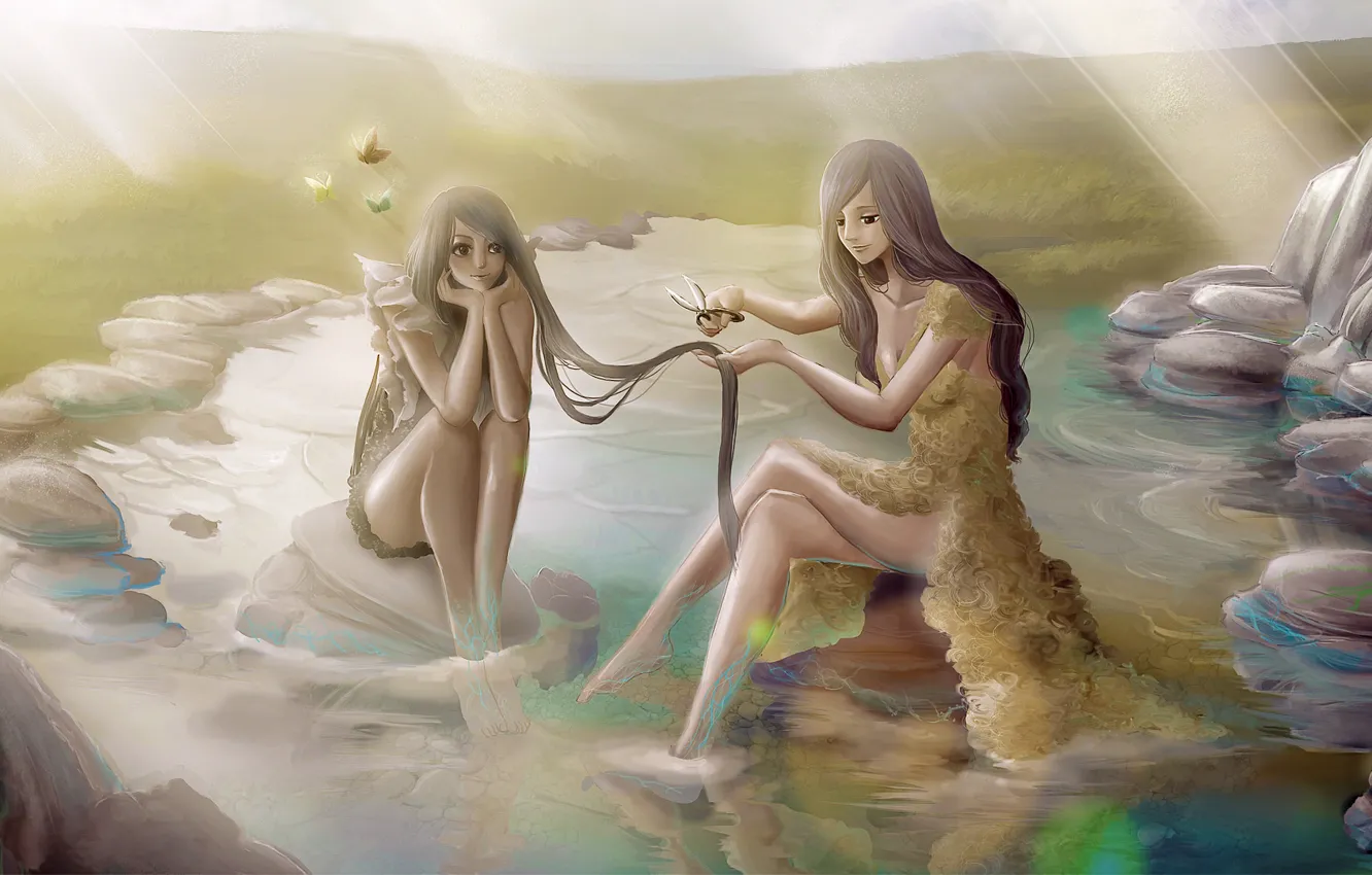 Photo wallpaper water, girl, rays, nature, butterfly, art, painting, long hair