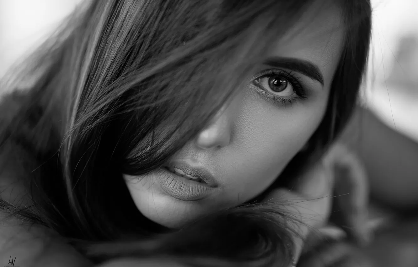 Photo wallpaper look, close-up, face, model, portrait, makeup, hairstyle, black and white