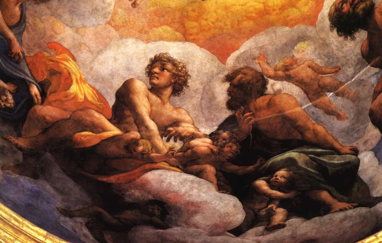 Photo wallpaper clouds, children, guy, Antonio Allegri Correggio, Mannerism, high Renaissance, don't touch me