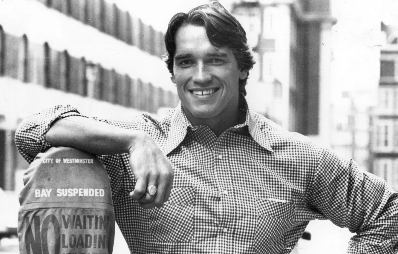 Photo wallpaper Arnold Schwarzenegger, black and white photo, Arnold Schwarzenegger