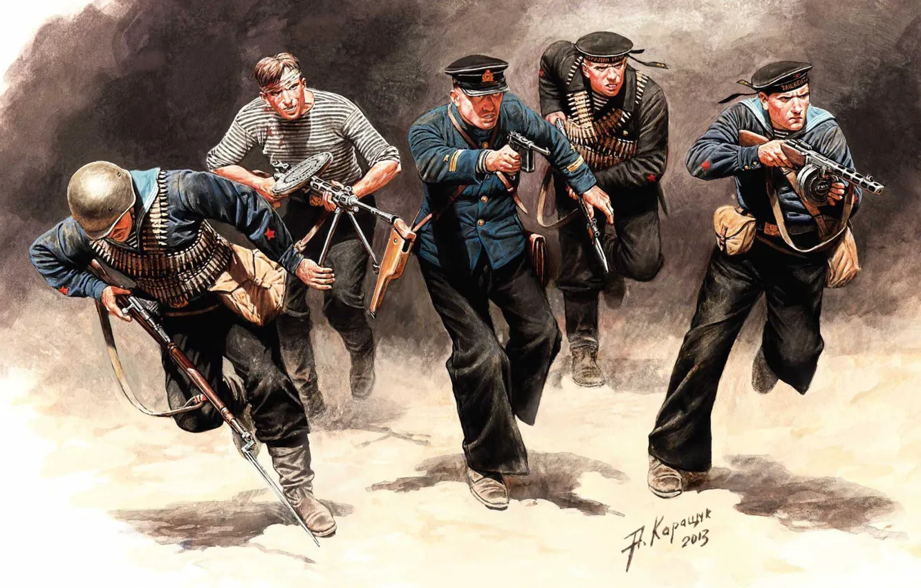 Photo wallpaper art, soldiers, USSR, the battle, sea, WWII, infantry, WW2