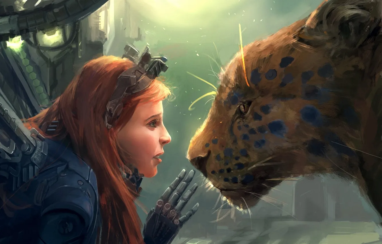 Photo wallpaper cat, girl, metal, robot, predator, hands, art, wild