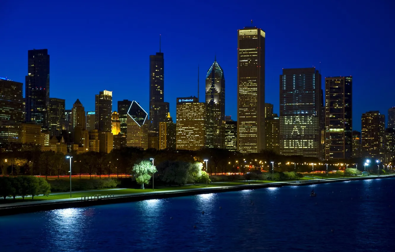 Photo wallpaper night, city, lights, skyscrapers, Chicago, USA, USA, America