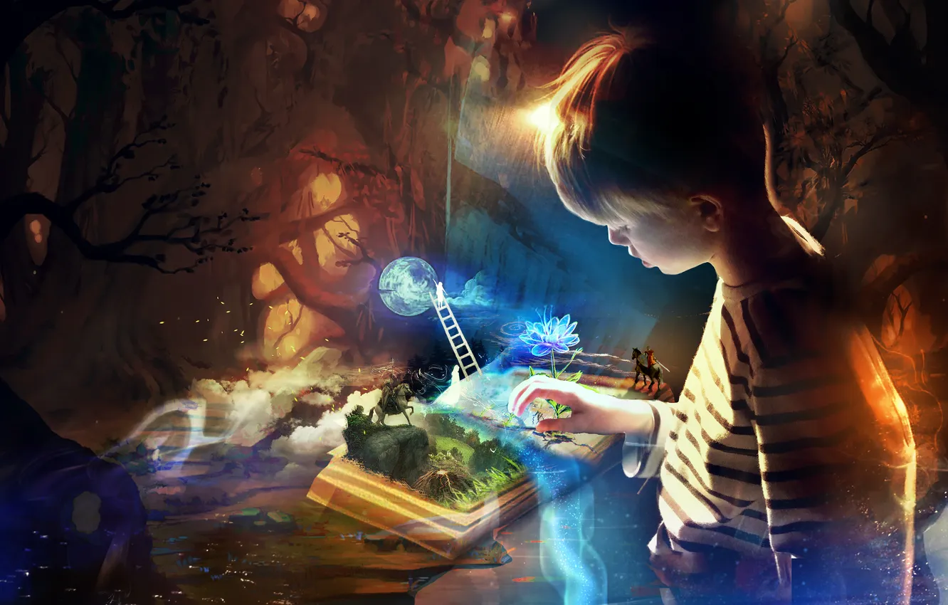 Photo wallpaper flowers, children, fantasy, tale, boy, ladder, book, rider